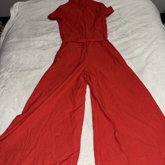 Maeve By Anthropologie Red Short-Sleeve Wrapped-Culotte Wide Leg Jumpsuit Sz 10 - Picture 8 of 9